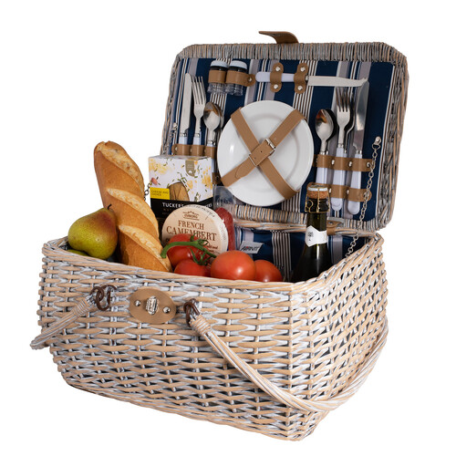 4 Person Drop Handle Picnic Basket -  Hampton Stripe Pattern LiningComprises:  4 x Knives, 4 x Forks, 4 x Spoons, 4 x Melamine Plates, 4 x Plastic Go